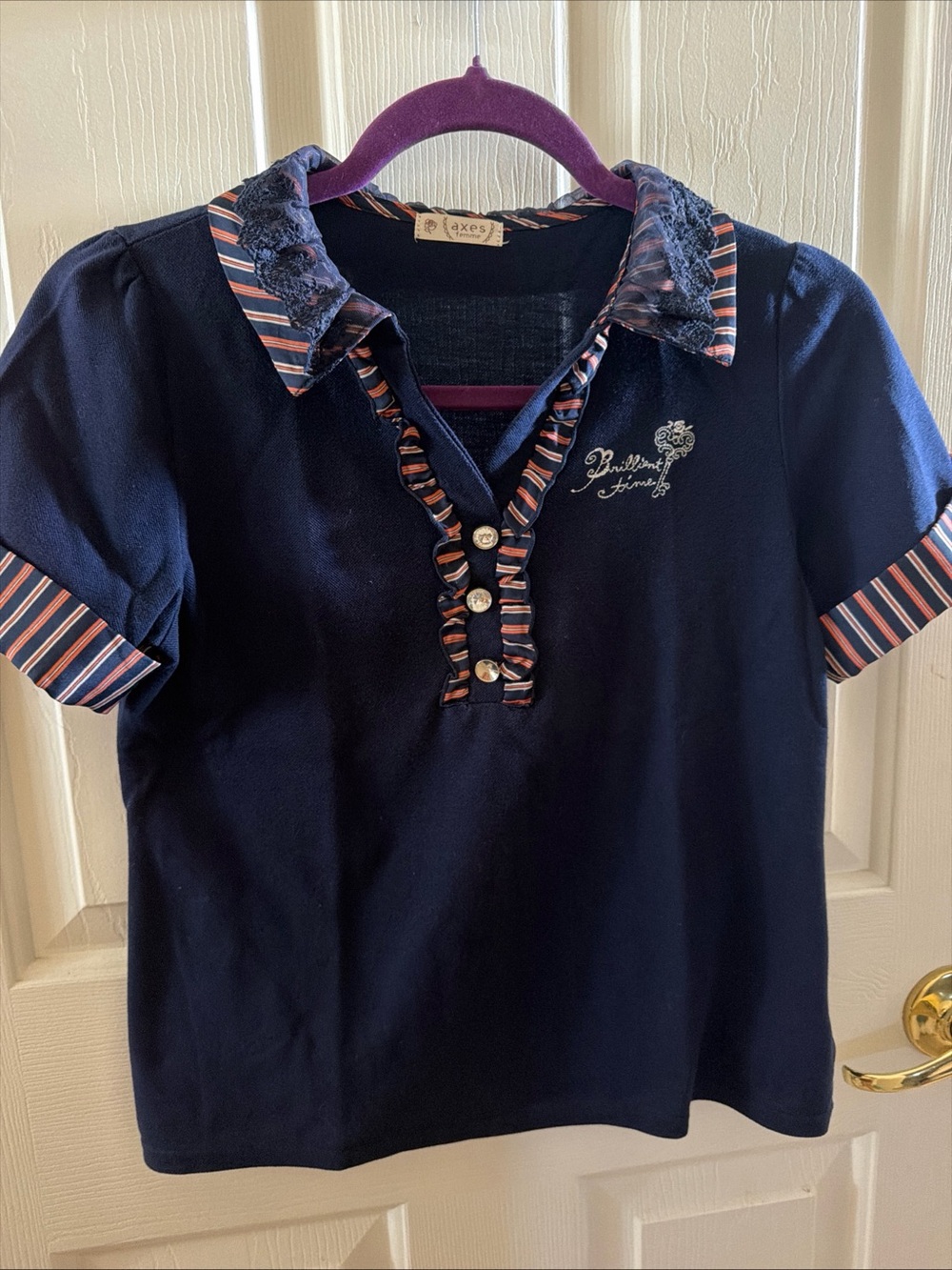Axes Femme Navy Short-Sleeve Polo with Striped Trim size estimated XS/S.